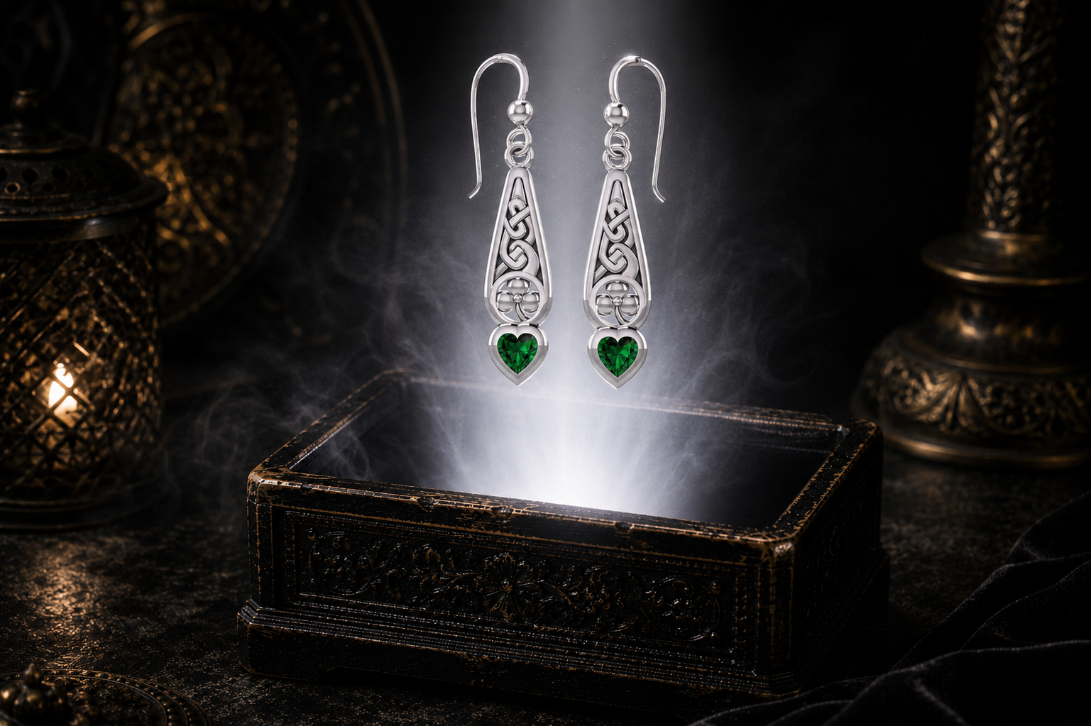 Sterling silver Celtic shamrock drop earrings with heart-shaped emerald glass gemstones floating above an ornate jewelry box in a dark luxury setting illuminated by soft glowing light.