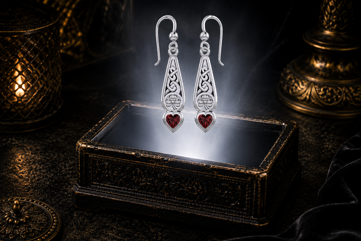 Sterling silver Celtic drop earrings with shamrock motifs and heart-shaped garnet gemstones floating above a glowing jewelry box in a rich dark luxury setting.