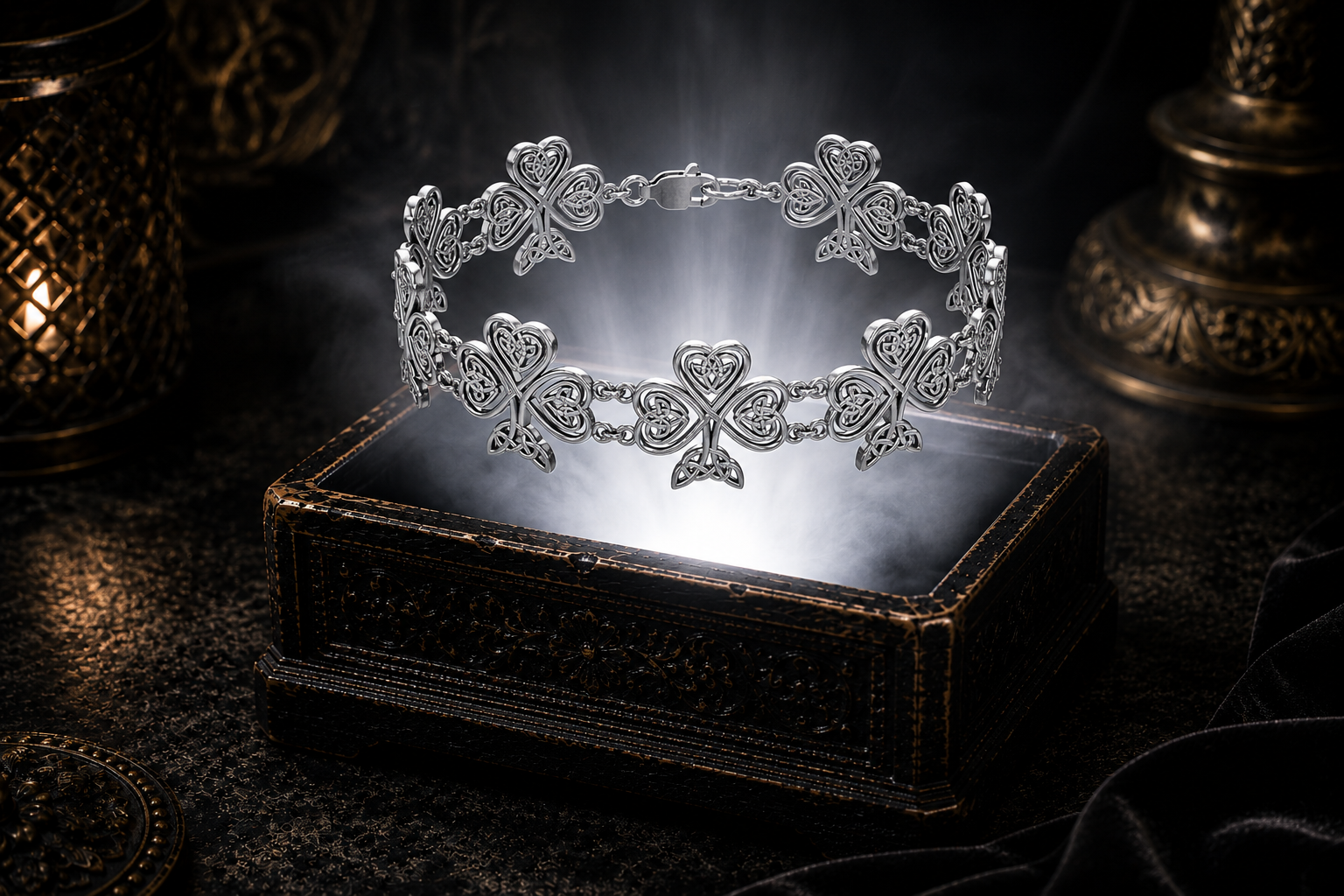Sterling silver shimmering Celtic shamrock link bracelet with intricate knotwork floating above an ornate jewelry box illuminated by soft white light in a dark luxury setting inspired by Irish heritage and timeless elegance.