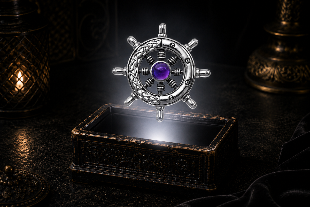 Sterling silver Celtic ship wheel pendant with amethyst gemstone floating above an ornate black jewelry box with soft white glow, candlelit accents, and a dark luxury maritime-inspired setting.