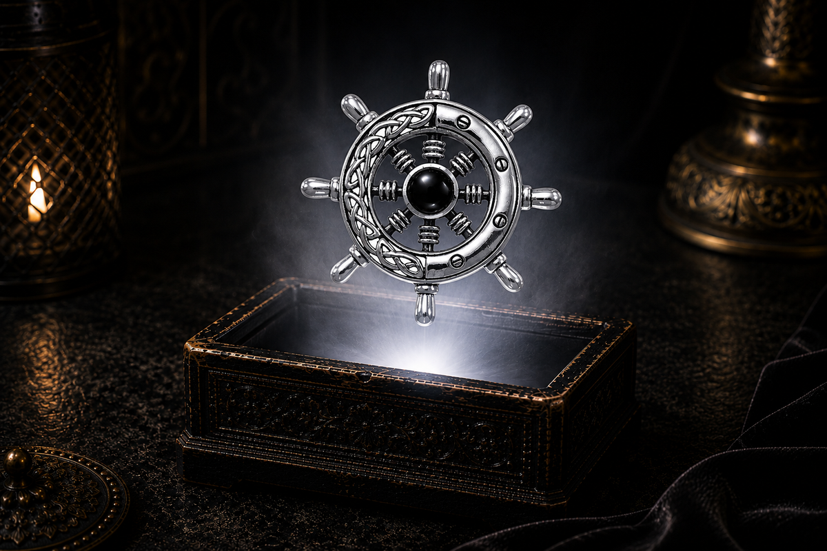 Sterling silver Celtic ship wheel pendant with black onyx gemstone floating above an ornate black jewelry box with soft white glow, candlelit accents, and a dark luxury maritime-inspired setting.