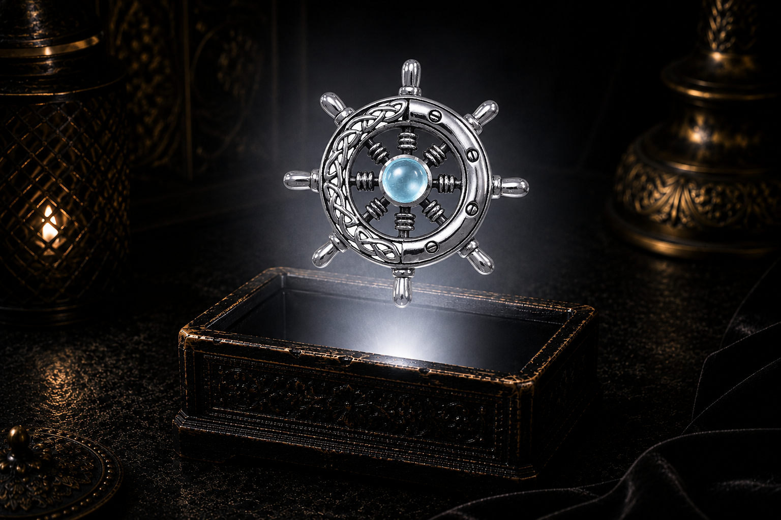 Sterling silver Celtic ship wheel pendant with blue topaz gemstone floating above an ornate black jewelry box with soft white glow, candlelit accents, and a dark luxury maritime-inspired setting.