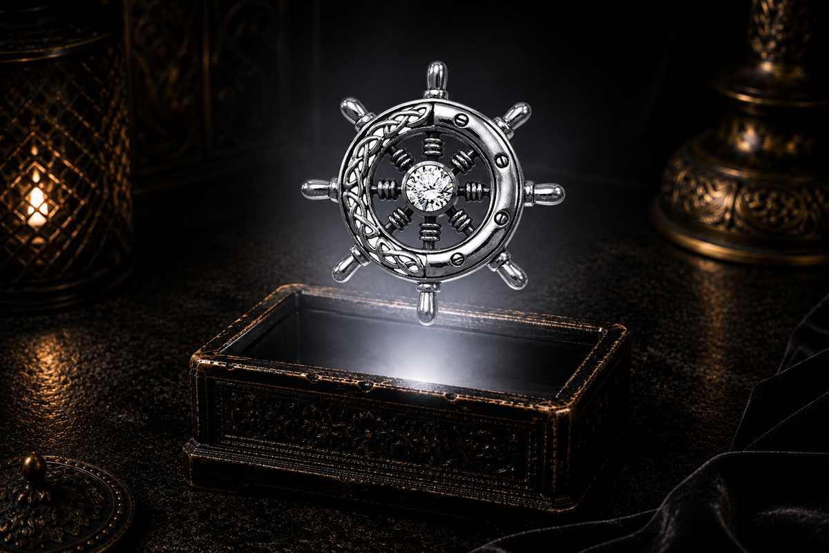 Sterling silver Celtic ship wheel pendant with cubic zirconia gemstone floating above an ornate black jewelry box with soft white glow, candlelit accents, and a dark luxury maritime-inspired setting.