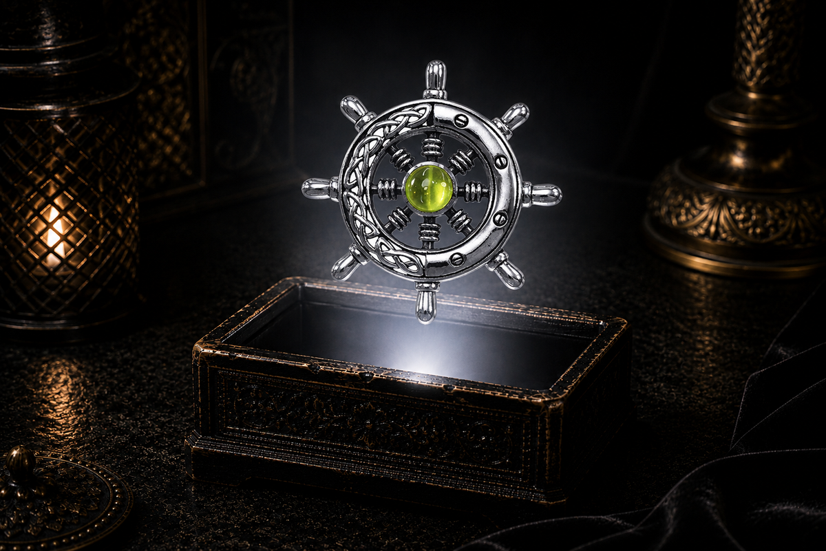 Sterling silver Celtic ship wheel pendant with peridot gemstone floating above an ornate black jewelry box with soft white glow, candlelit accents, and a dark luxury maritime-inspired setting.