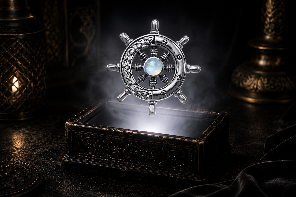 Sterling silver Celtic ship wheel pendant with rainbow moonstone gemstone floating above an ornate black jewelry box with soft white glow, candlelit accents, and a dark luxury maritime-inspired setting.