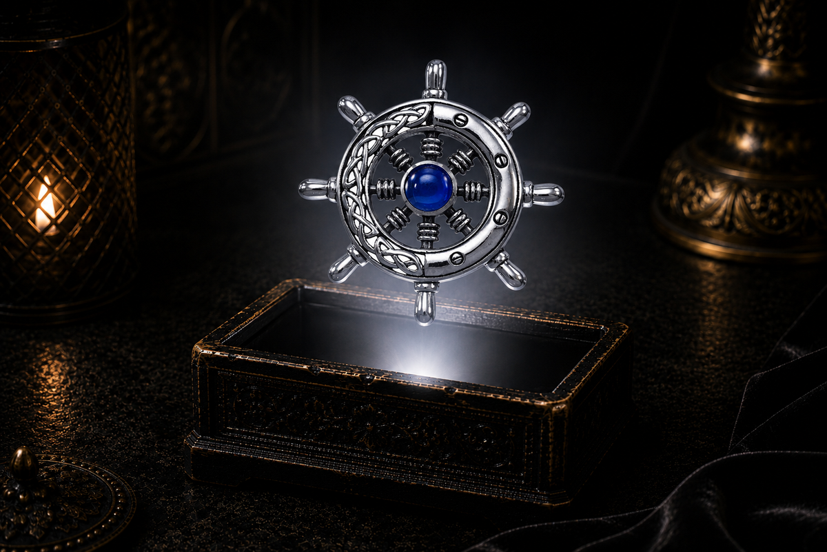 Sterling silver Celtic ship wheel pendant with sapphire gemstone floating above an ornate black jewelry box with soft white glow, candlelit accents, and a dark luxury maritime-inspired setting.