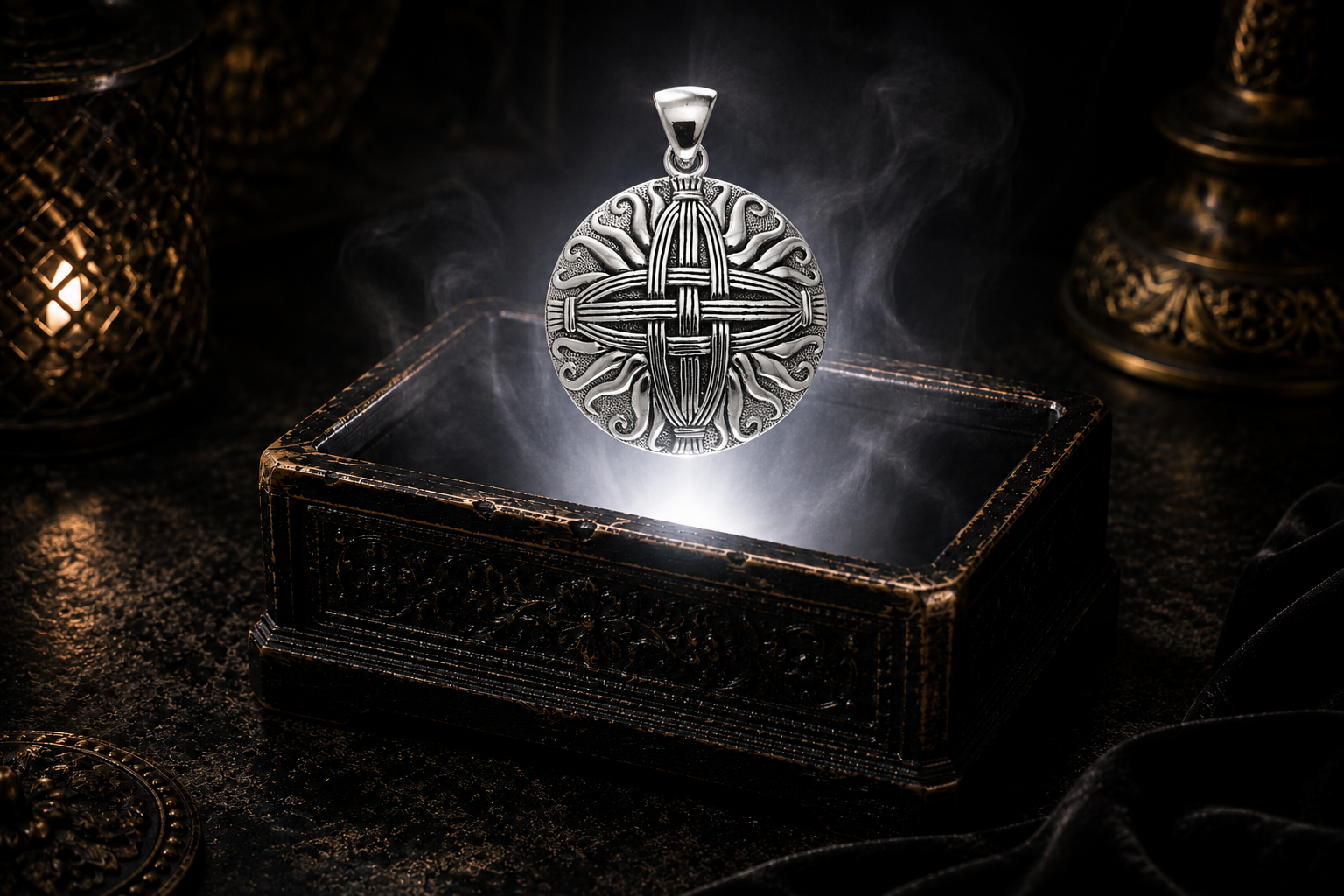 Sterling silver Celtic St. Brigid Cross pendant floating above an ornate jewelry box in a refined dark luxury setting with warm candlelight, cinematic lighting, mystical atmosphere, detailed Celtic knotwork, and dramatic white illumination.
