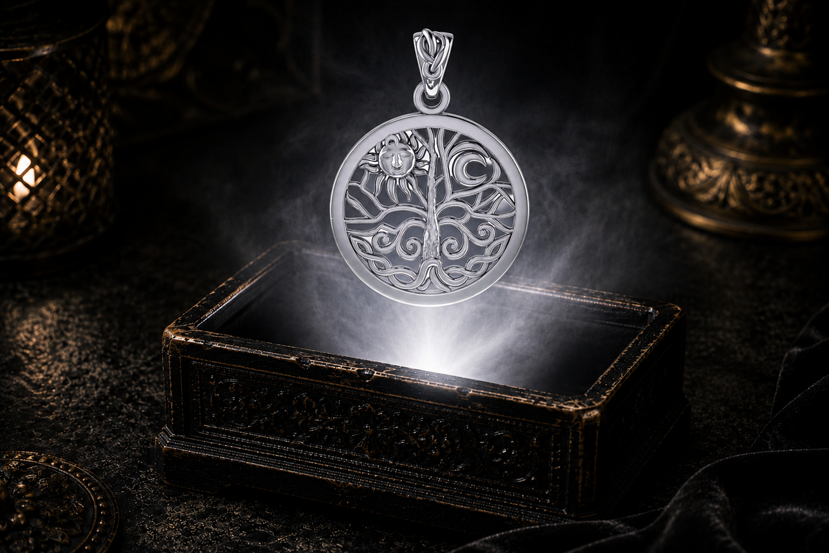 14K white gold Tree of Life pendant featuring a radiant sun face and crescent moon floating above an ornate jewelry box illuminated by soft white light in a dark luxury setting.