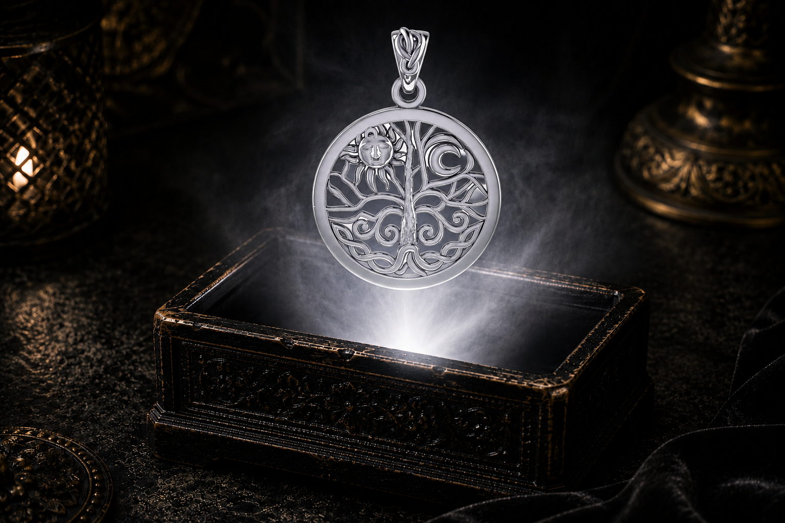 14K white gold Tree of Life pendant featuring a radiant sun face and crescent moon floating above an ornate jewelry box illuminated by soft white light in a dark luxury setting.