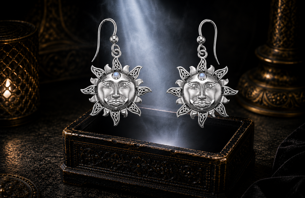 Sterling silver Celtic Sun Face earrings with Rainbow Moonstone accents floating above an ornate jewelry box beneath a radiant beam of light in a dark luxury setting.