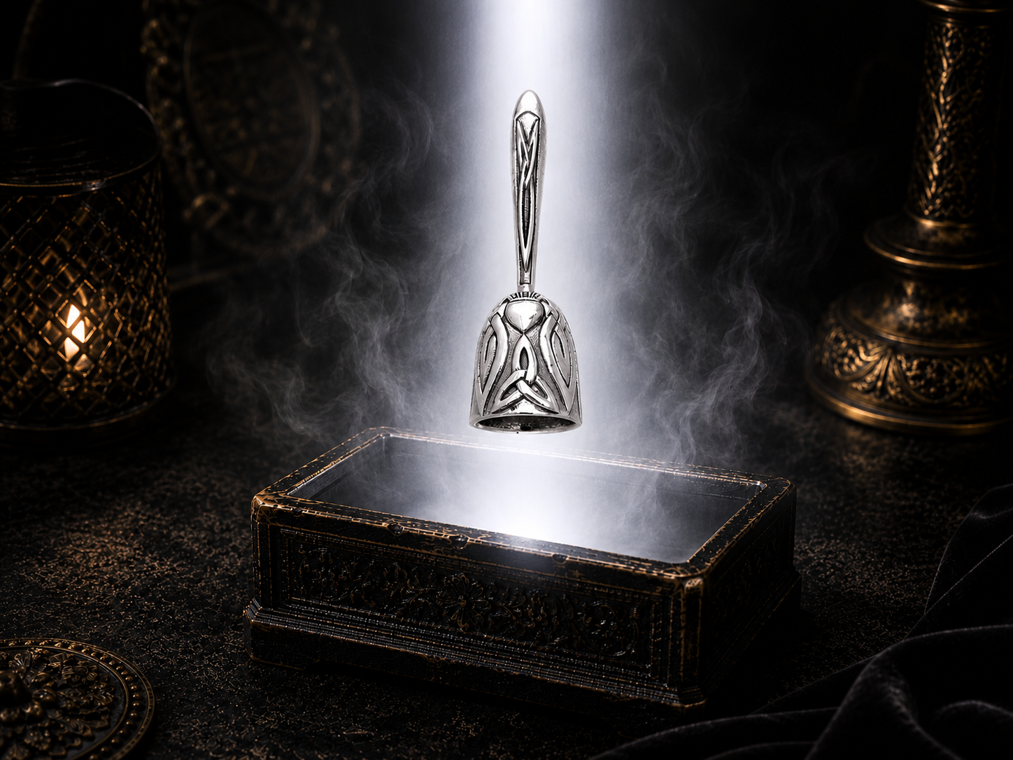 Sterling silver Celtic Trinity Bell pendant floating above an ornate jewelry box illuminated by luminous white light in a dark luxury setting with intricate Celtic knotwork details.