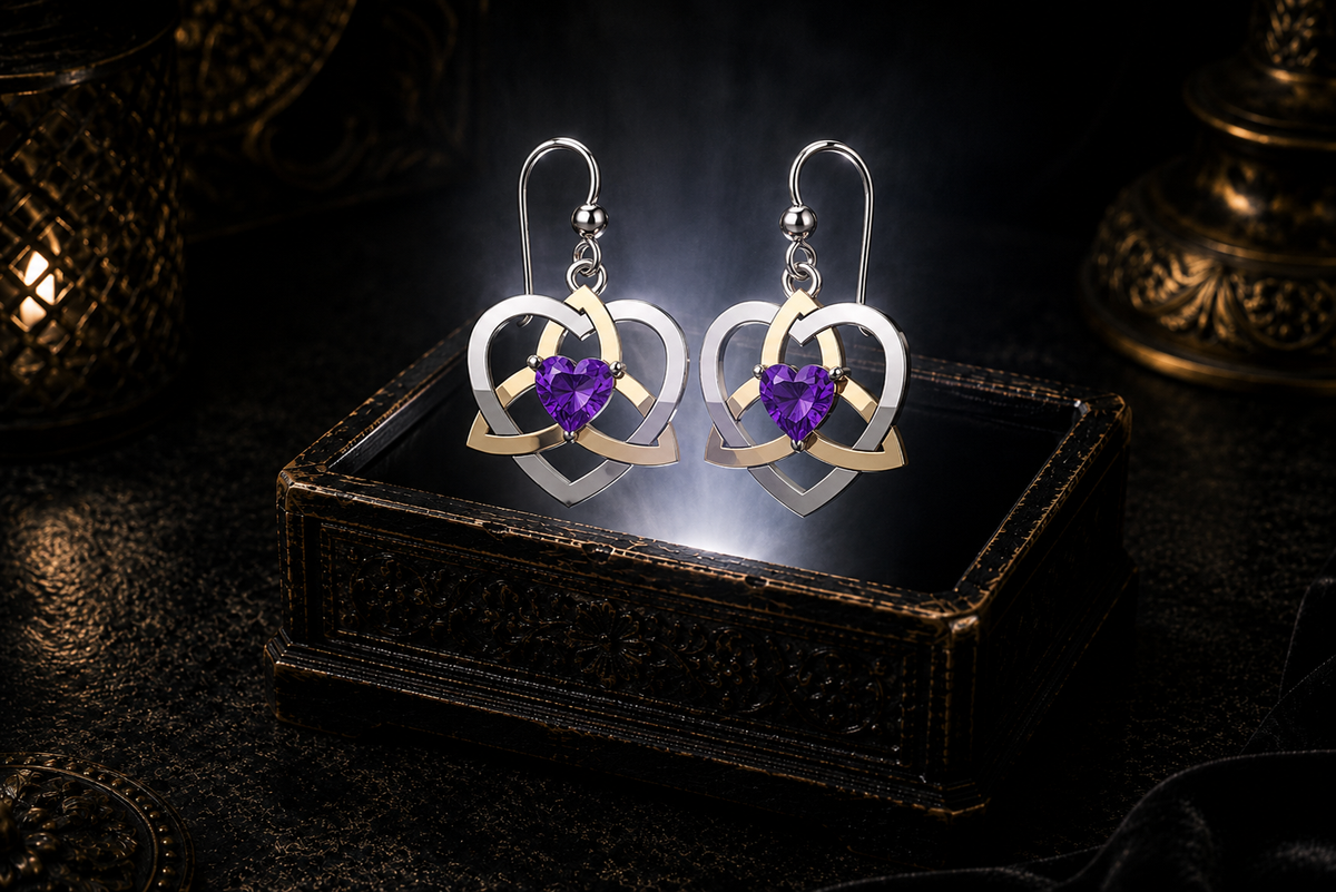 Sterling silver and 14K gold Celtic Trinity heart earrings with amethyst heart gemstones floating above an ornate glowing jewelry box in a dark luxury setting