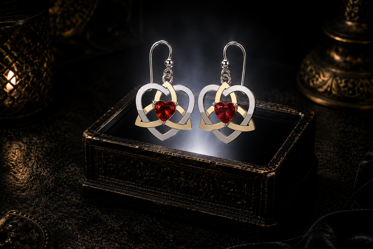 Sterling silver and 14K gold Celtic Trinity heart earrings with garnet heart gemstones floating above an ornate glowing jewelry box in a dark luxury setting