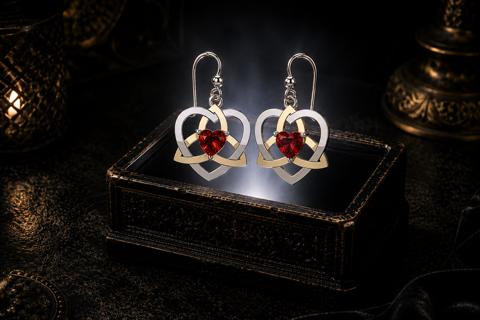 Sterling silver and 14K gold Celtic Trinity heart earrings with garnet heart gemstones floating above an ornate glowing jewelry box in a dark luxury setting