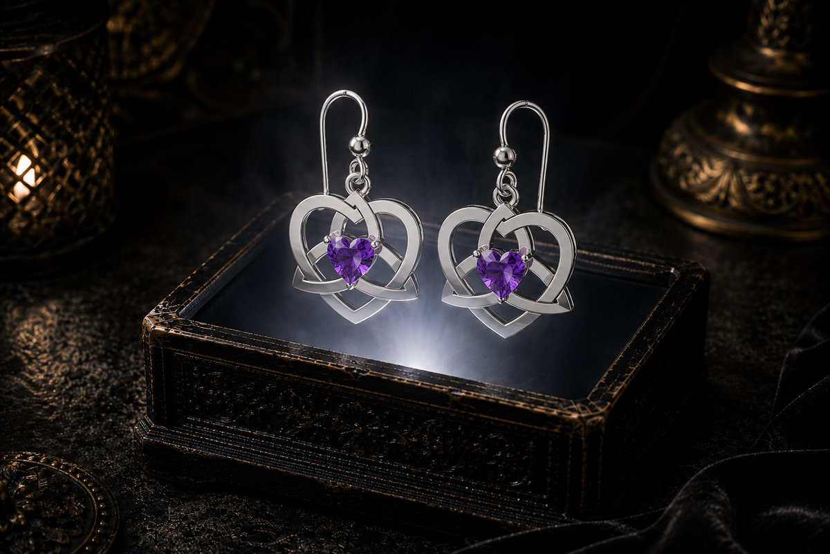 Sterling silver Celtic Trinity Heart earrings with amethyst heart gemstones floating above a glowing ornate jewelry box in a dark luxurious mystical setting with cinematic lighting