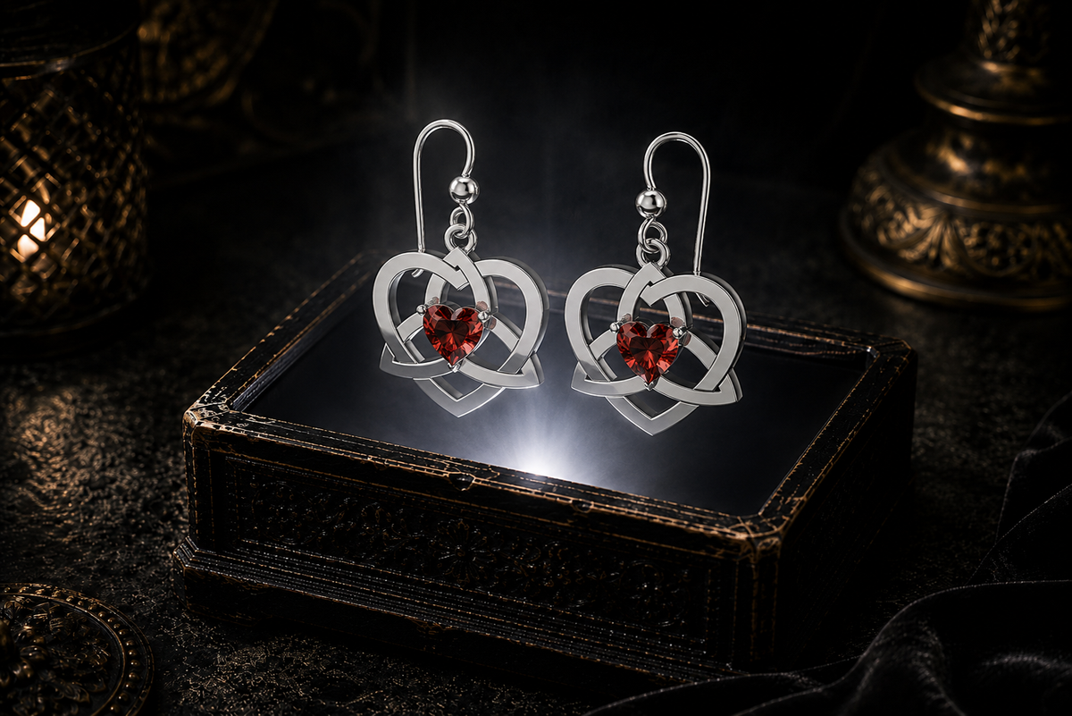 Sterling silver Celtic Trinity Heart earrings with garnet heart gemstones floating above a glowing ornate jewelry box in a dark luxurious mystical setting with cinematic lighting