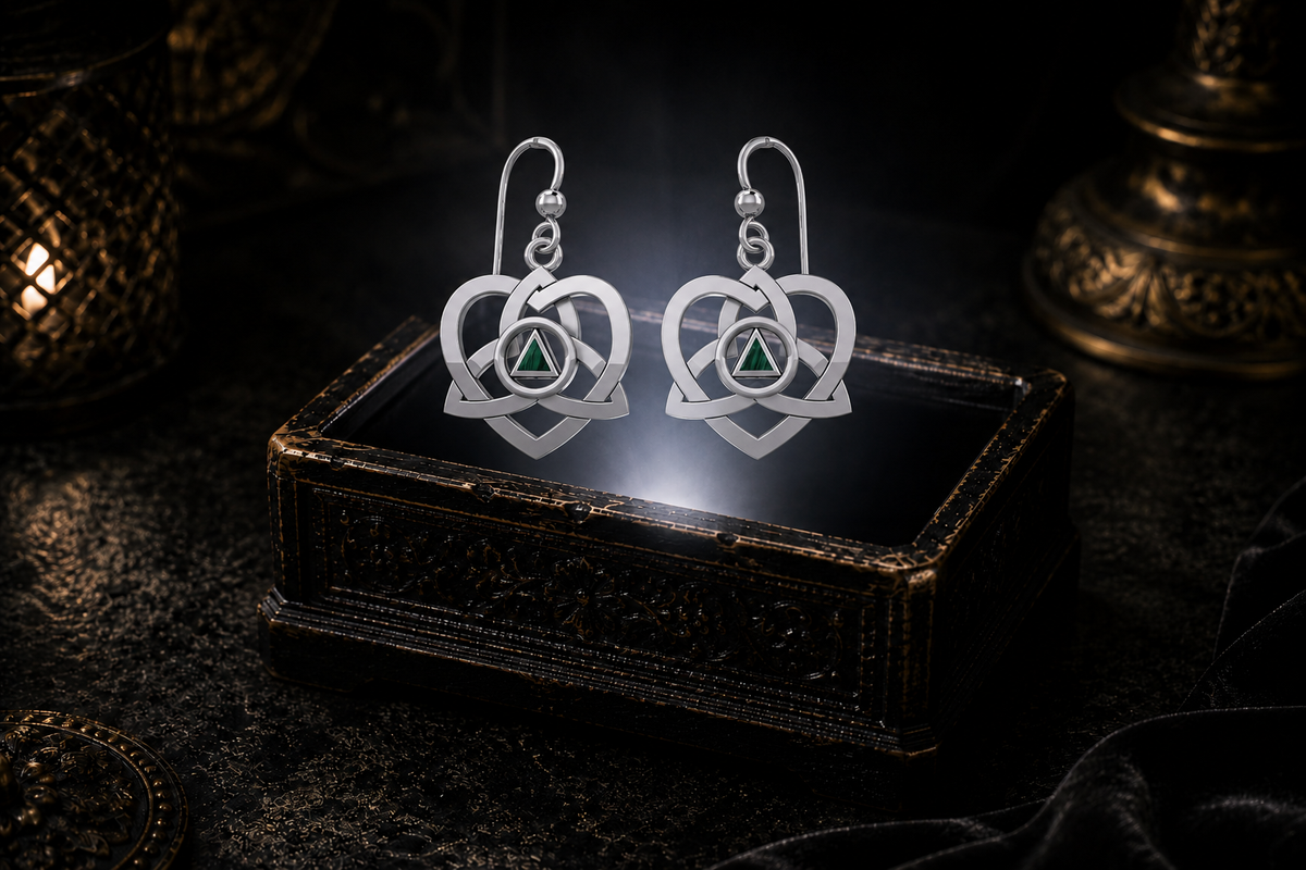 Sterling silver Celtic Trinity heart recovery earrings with malachite triangle stones floating above a glowing ornate jewelry box in a dark luxury setting