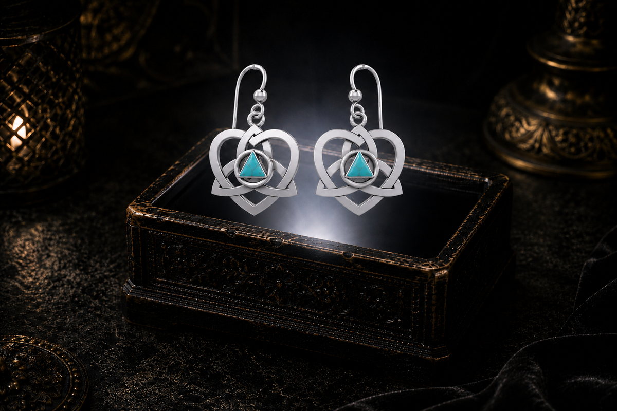 Sterling silver Celtic Trinity heart recovery earrings with turquoise triangle stones floating above a glowing ornate jewelry box in a dark luxury setting