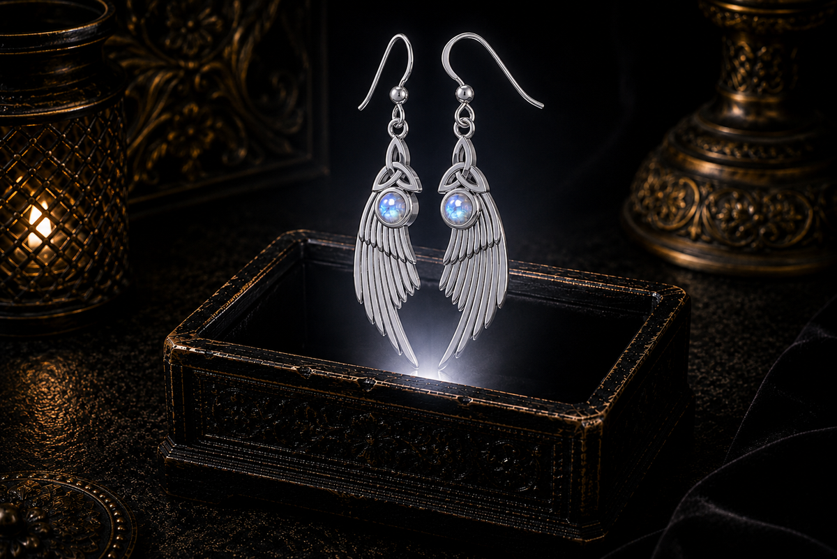 Sterling silver Celtic Trinity Knot angel wing earrings with rainbow moonstone gemstones floating above a glowing ornate jewelry box in a dark luxurious mystical setting with cinematic lighting