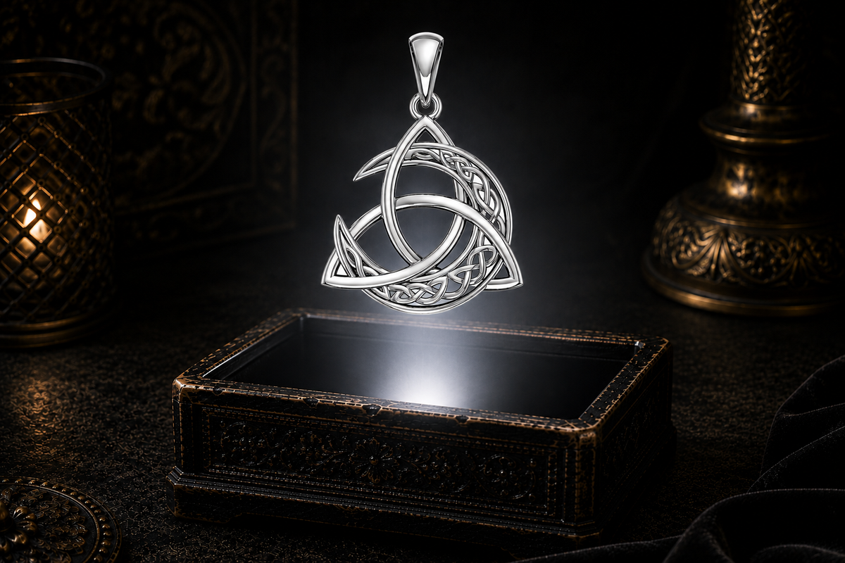 Sterling silver Celtic Trinity Knot pendant embracing the moon, floating above an ornate jewelry box surrounded by radiant light in a dark luxury setting with intricate Triquetra knotwork.
