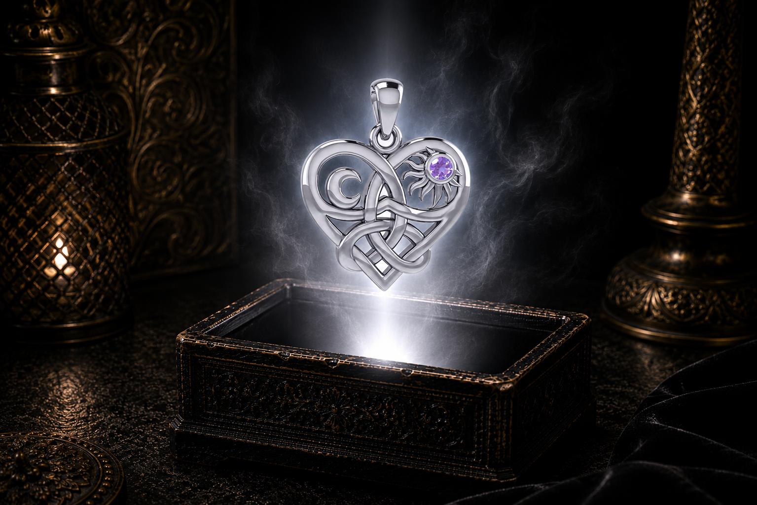 Sterling silver Celtic Trinity Knot heart pendant with sun and moon symbols and amethyst gemstone floating above an ornate black jewelry box illuminated by soft white light in a dark luxury setting.