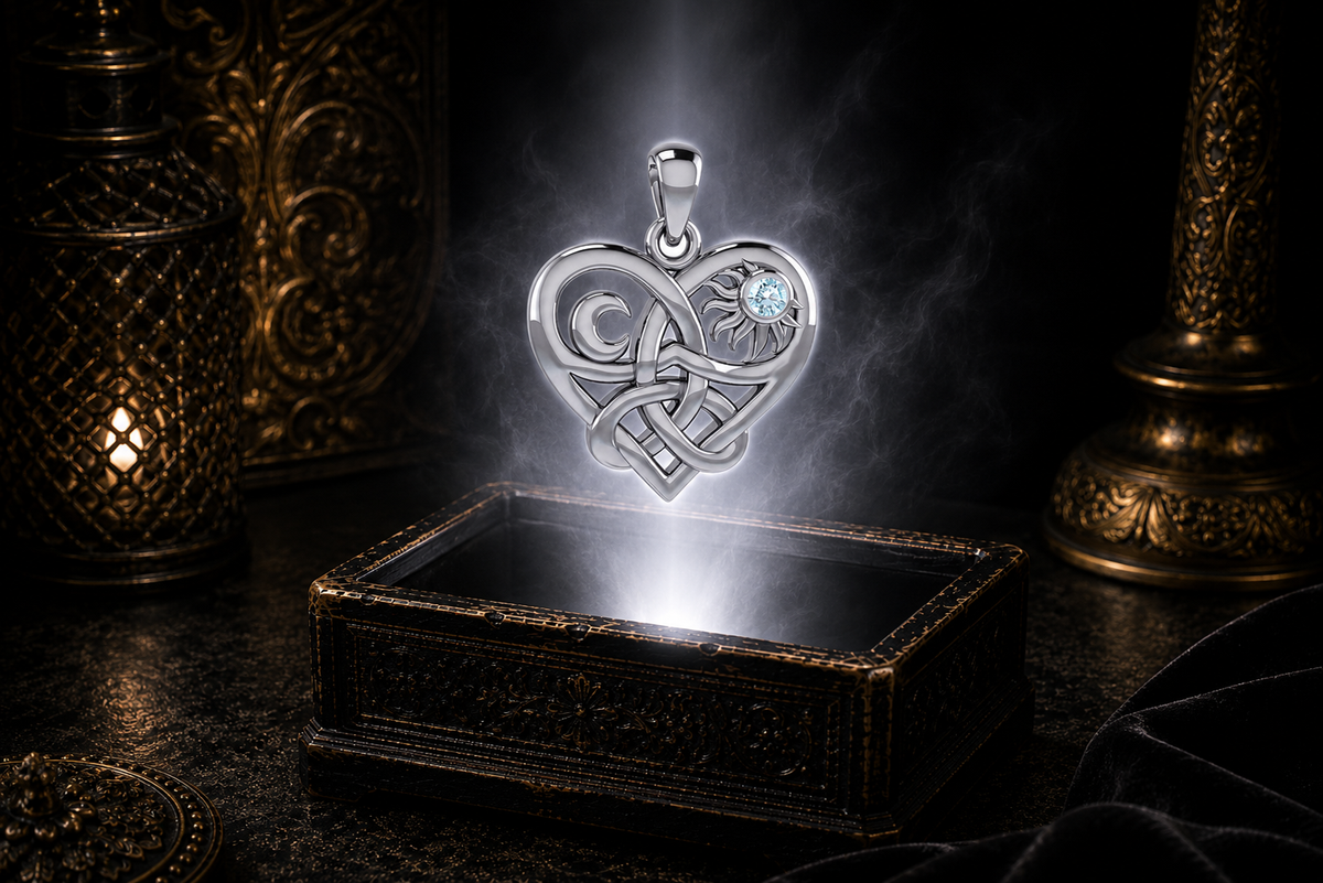 Sterling silver Celtic Trinity Knot heart pendant with sun and moon symbols and blue topaz gemstone floating above an ornate black jewelry box illuminated by soft white light in a dark luxury setting.