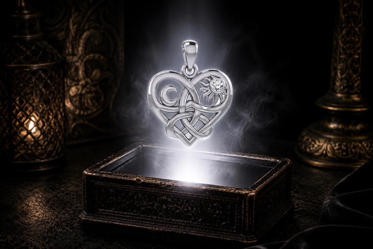 Sterling silver Celtic Trinity Knot heart pendant with sun and moon symbols and cubic zirconia gemstone floating above an ornate black jewelry box illuminated by soft white light in a dark luxury setting.
