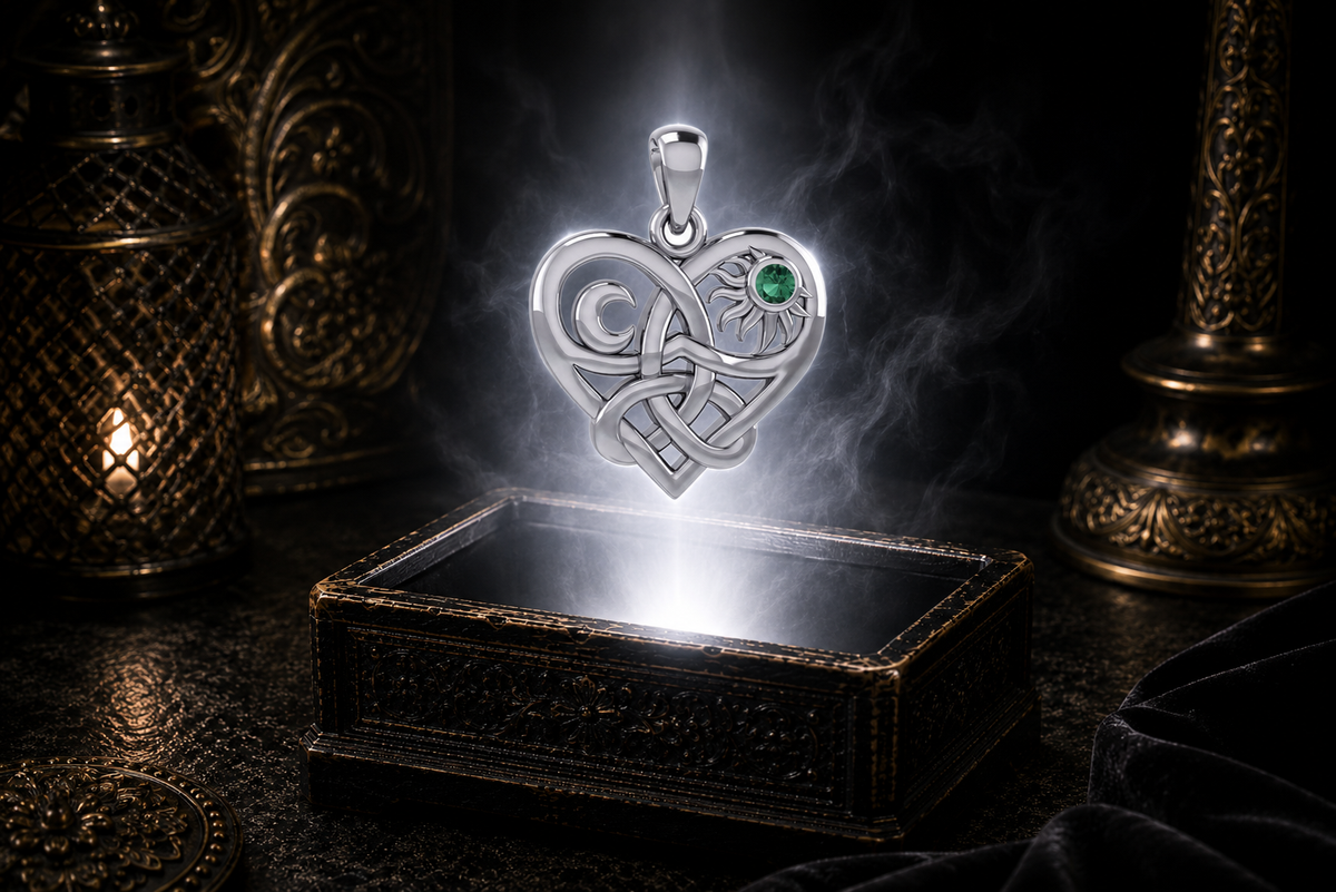 Sterling silver Celtic Trinity Knot heart pendant with sun and moon symbols and emerald green glass gemstone floating above an ornate black jewelry box illuminated by soft white light in a dark luxury setting.