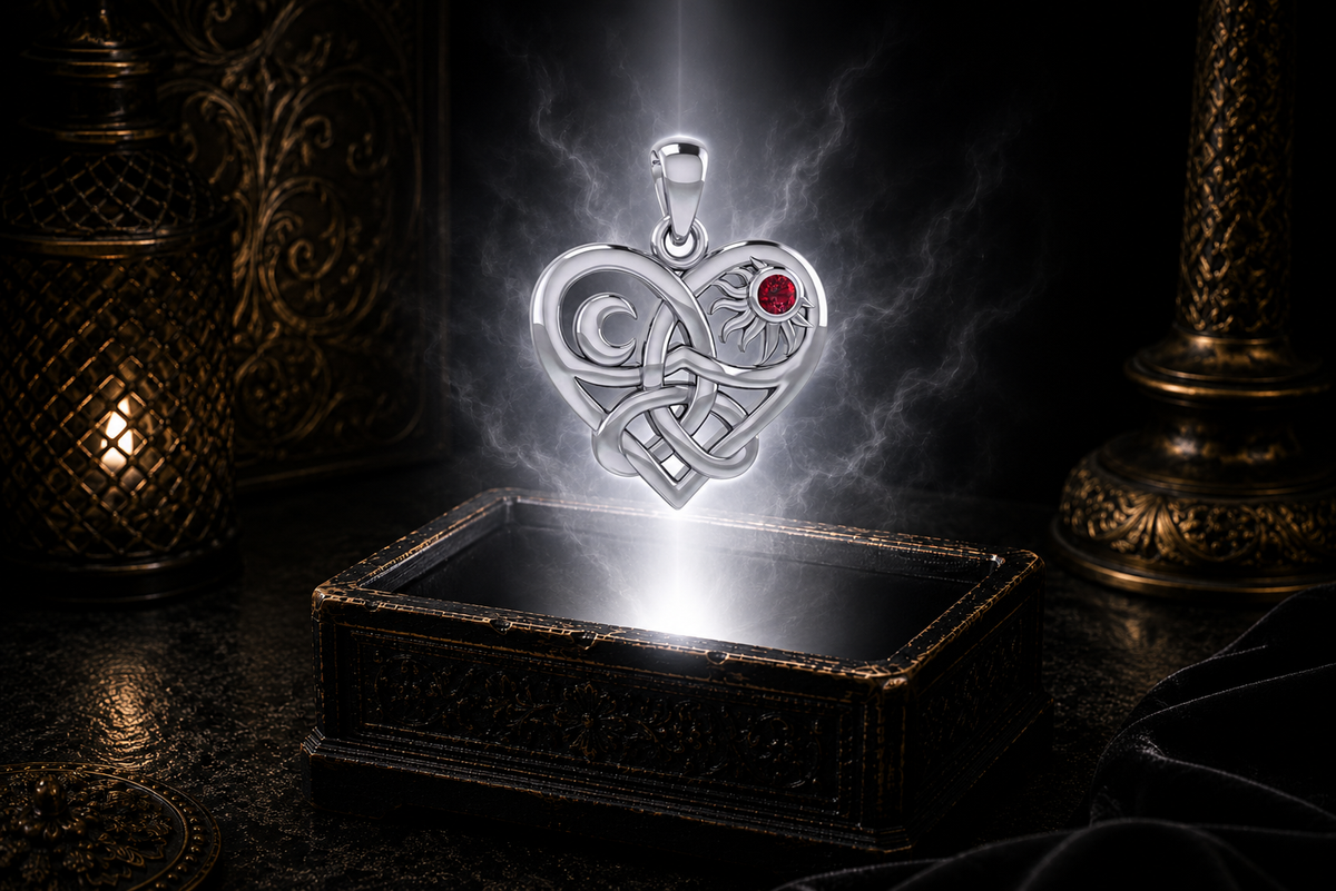 Sterling silver Celtic Trinity Knot heart pendant with sun and moon symbols and garnet gemstone floating above an ornate black jewelry box illuminated by soft white light in a dark luxury setting.