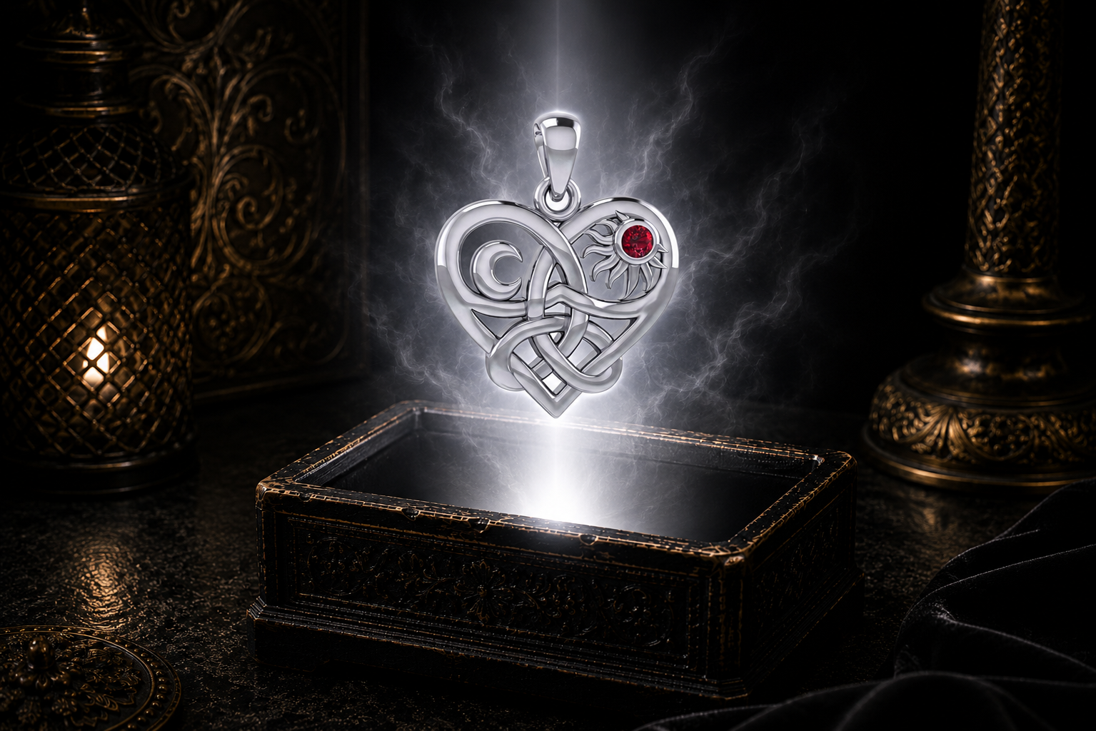 Sterling silver Celtic Trinity Knot heart pendant with sun and moon symbols and amethyst gemstone floating above an ornate black jewelry box illuminated by soft white light in a dark luxury setting.