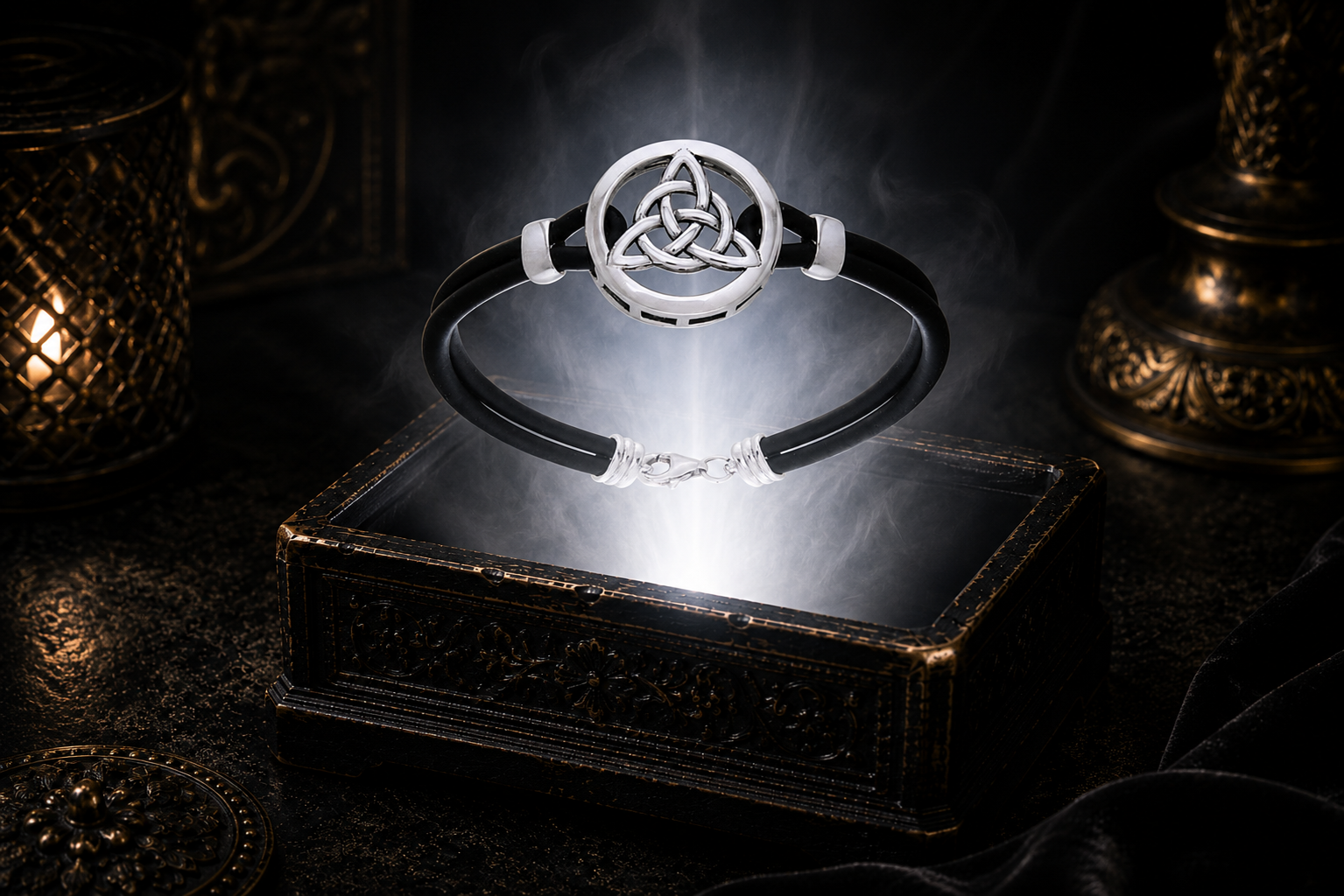 Sterling silver Celtic Trinity Knot bracelet with black leather cord suspended above a carved antique jewelry chest surrounded by luminous mist and elegant cinematic lighting.