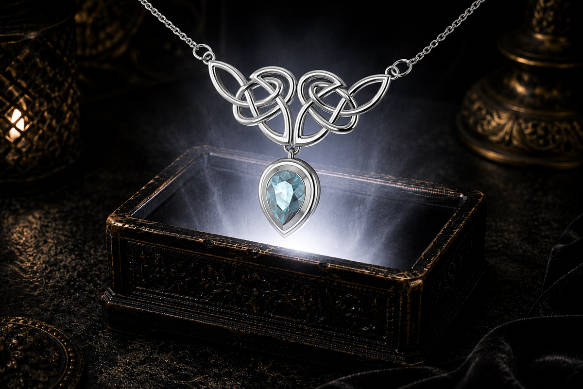Celtic Trinity Knot sterling silver pendant with blue topaz gemstone floating in a shadowed luxury scene above a glowing jewelry box