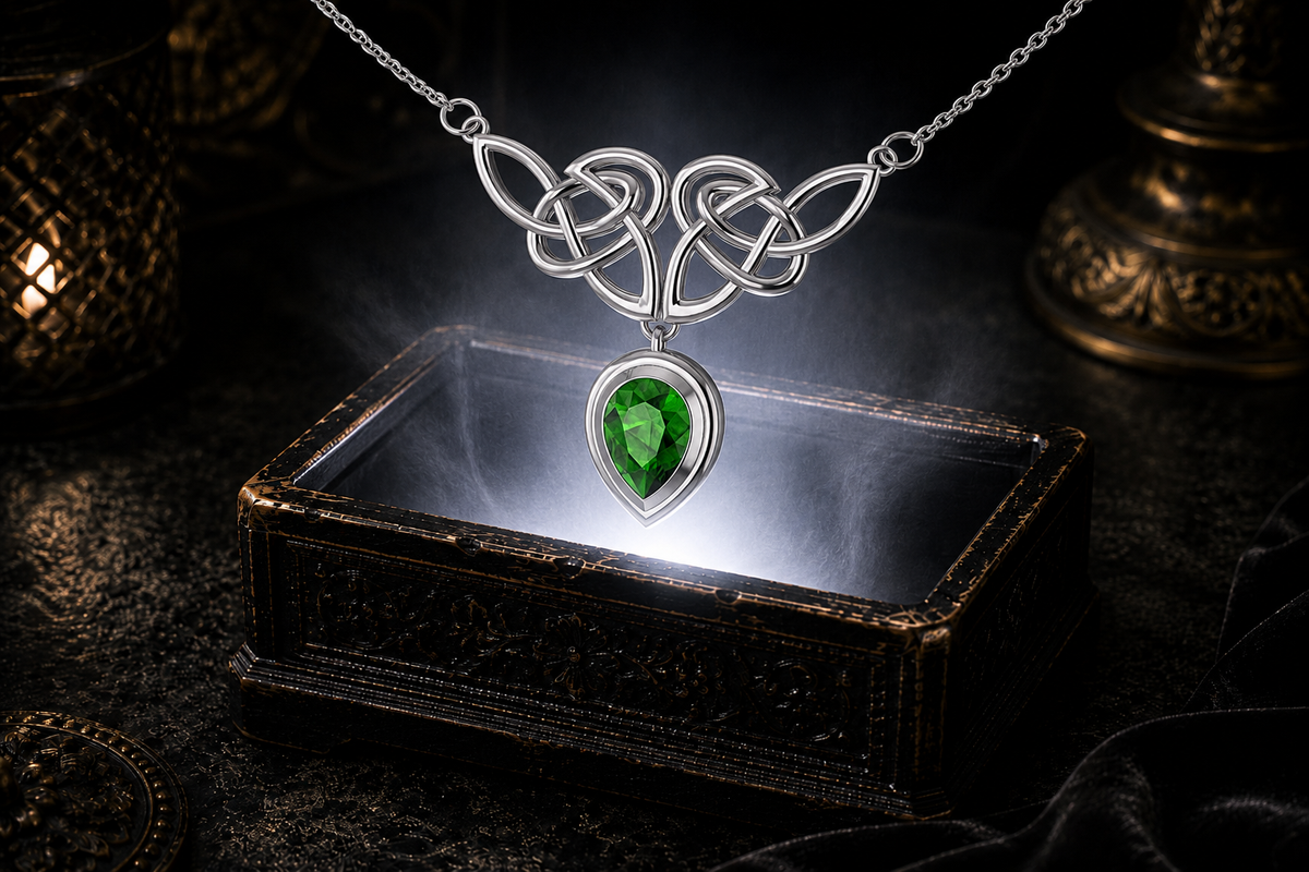 Sterling silver Celtic loop knot necklace with emerald glass teardrop gemstone displayed above an ornate dark jewelry box with mystical atmosphere