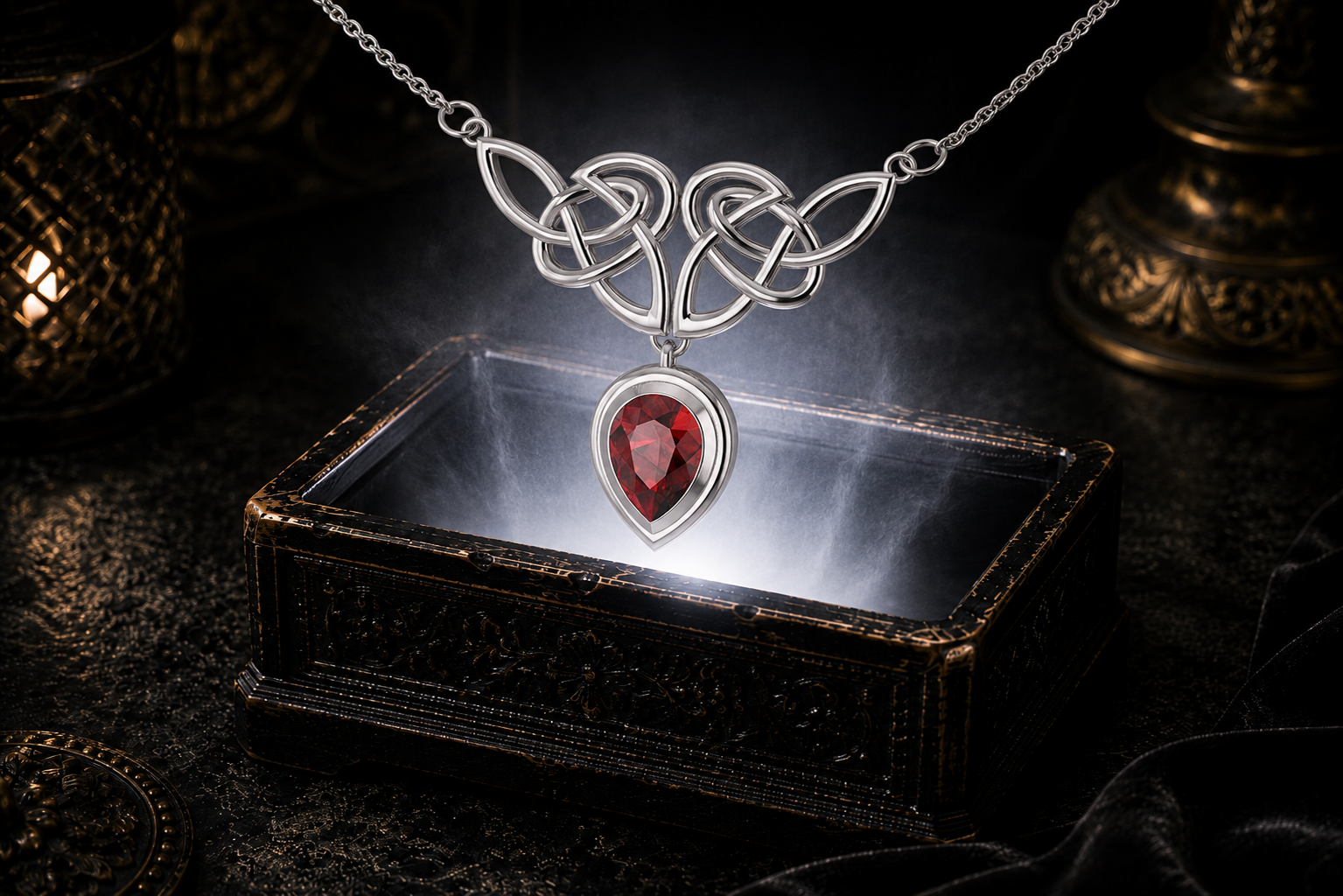 Sterling silver Celtic Trinity Knot necklace with garnet teardrop gemstone floating above a luminous ornate jewelry box in a dark cinematic setting