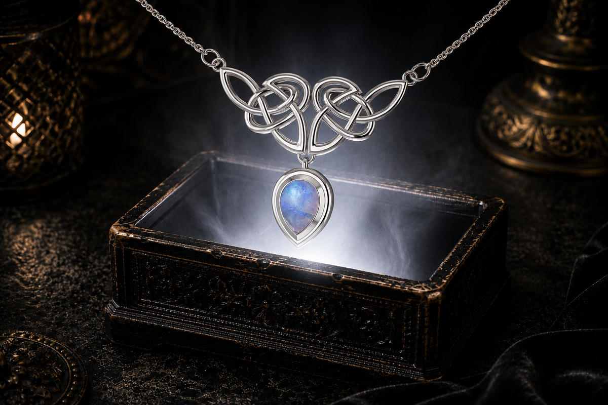 Sterling silver Celtic Trinity necklace with rainbow moonstone teardrop gemstone floating above a radiant jewelry chest against a dark luxury backdrop