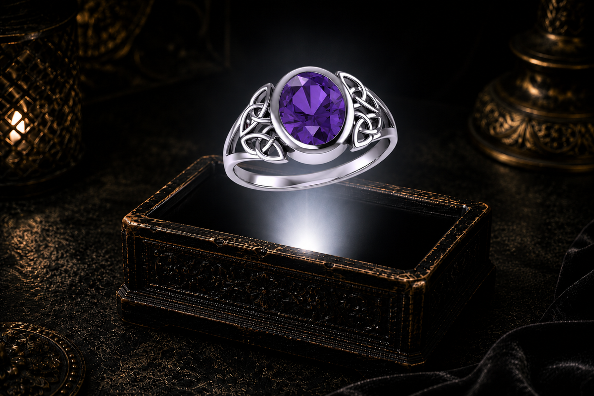 Sterling silver Celtic Trinity Knot ring with an oval amethyst gemstone floating above an antique jewelry box, illuminated by a soft white beam in a cinematic luxury setting.
