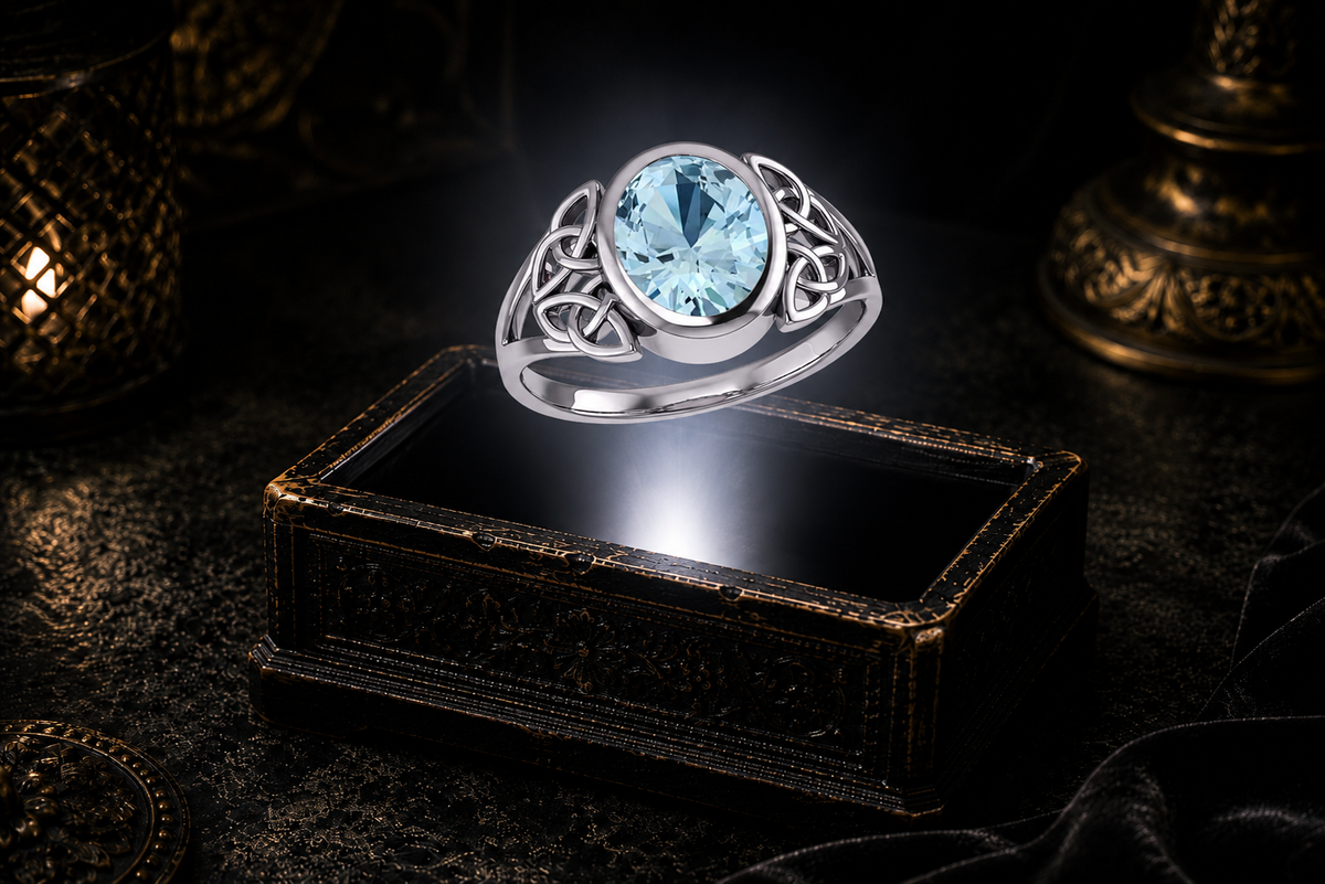 Sterling silver Celtic Trinity Knot ring featuring an oval blue topaz gemstone, suspended above an antique jewelry chest in a refined luxury environment with soft atmospheric lighting.