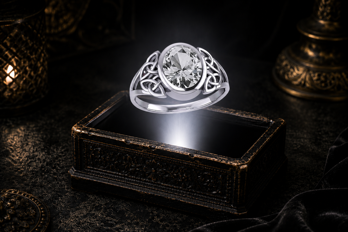 Bezel-set oval cubic zirconia in a sterling silver Celtic Trinity Knot ring, showcased above an illuminated antique jewelry box with warm candlelight and cinematic macro lighting.