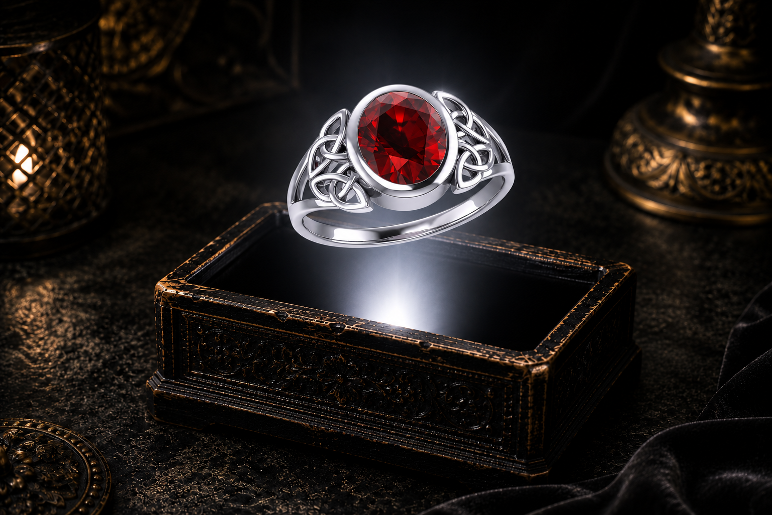 Oval garnet gemstone set in a sterling silver Celtic Trinity Knot ring, hovering over an ornate keepsake box with warm ambient lighting against a dramatic dark backdrop.