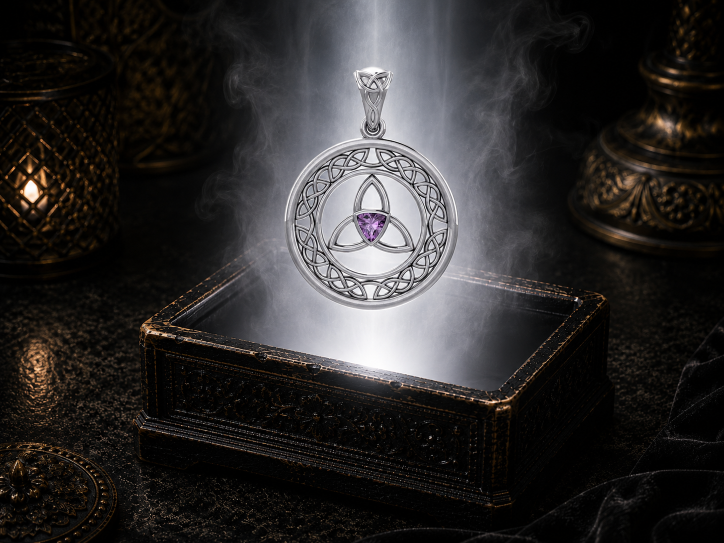 Sterling silver Celtic Trinity Knot pendant with amethyst gemstone floating above an ornate jewelry box surrounded by soft glowing light in a dark luxury setting.