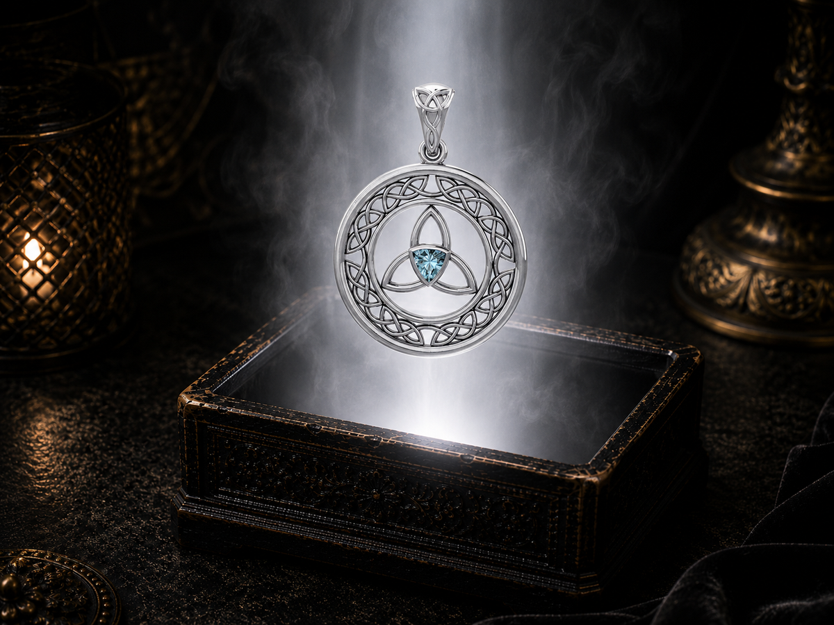 Sterling silver Celtic Trinity Knot pendant with blue topaz gemstone displayed above a luminous jewelry chest within a cinematic shadowed environment.