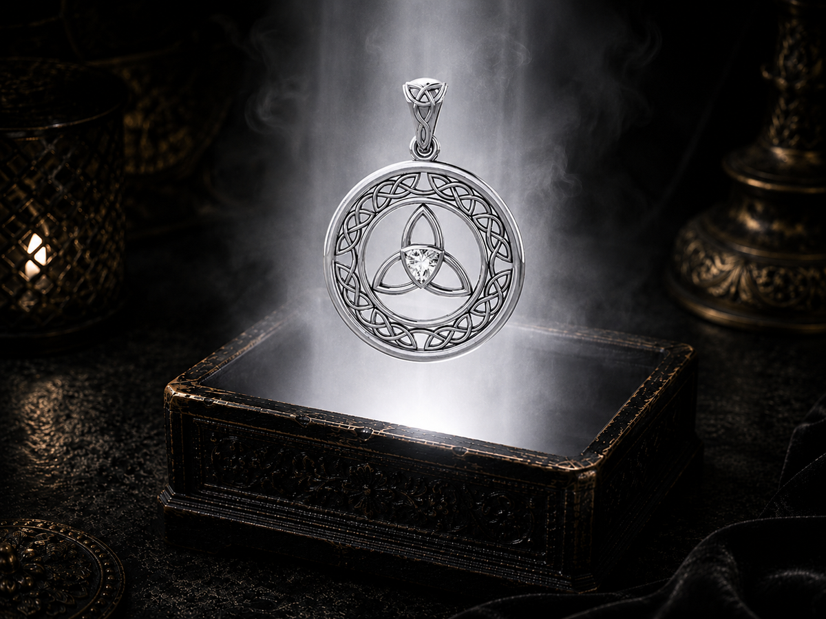 Sterling silver Celtic Trinity Knot pendant with cubic zirconia gemstone suspended above an ornate jewelry box against a dark luxury backdrop with soft radiant glow.