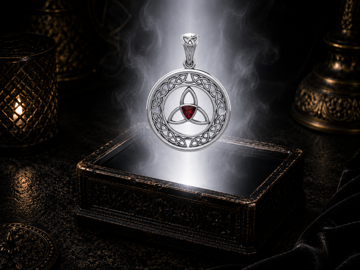 Sterling silver Celtic Trinity Knot pendant with amethyst gemstone floating above an ornate jewelry box surrounded by soft glowing light in a dark luxury setting.