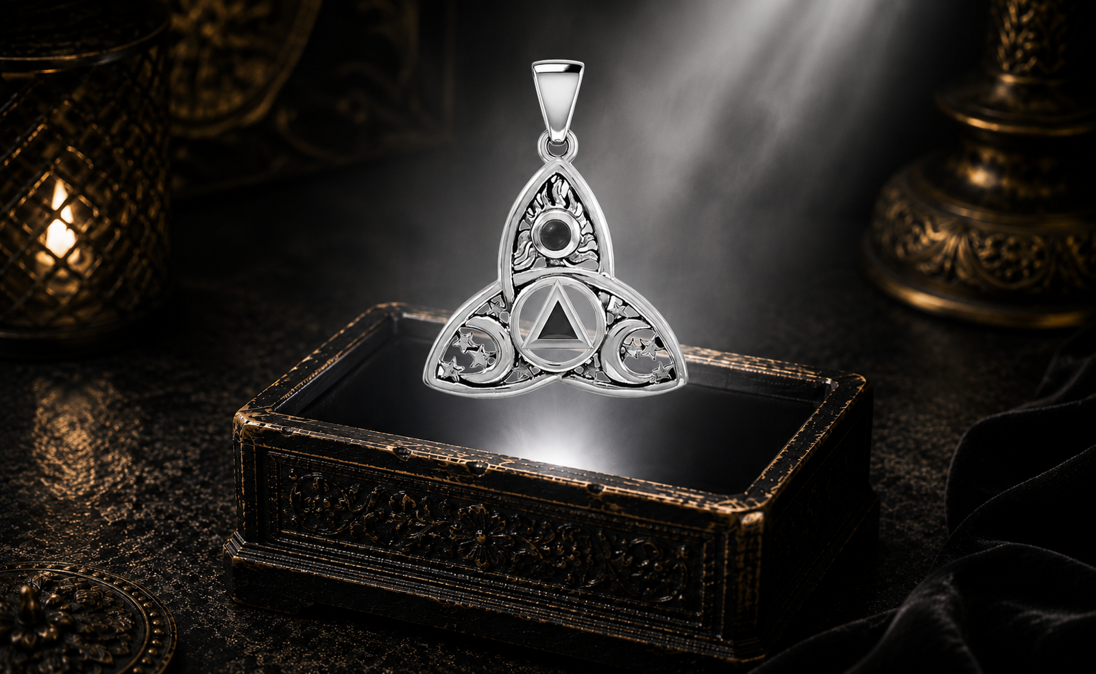 White gold Celtic Trinity Knot Sun Moon and Stars pendant with amethyst gemstone suspended above an elegant jewelry chest surrounded by mystical light in a refined luxury celestial environment.