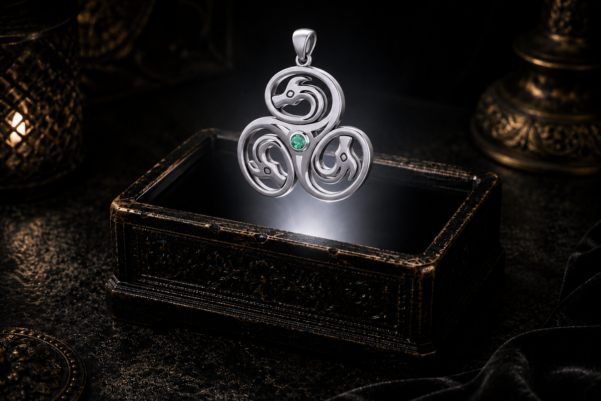 Sterling silver Celtic triple dragon pendant with an emerald glass gemstone hovering over an antique jewelry chest illuminated by warm ambient light.