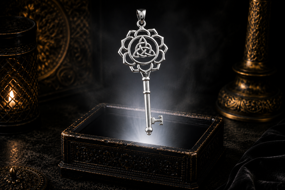 Sterling silver Celtic Triquetra rosette skeleton key pendant featuring an encircled Trinity Knot floating above an ornate jewelry box surrounded by soft luminous light in a dark cinematic luxury setting.