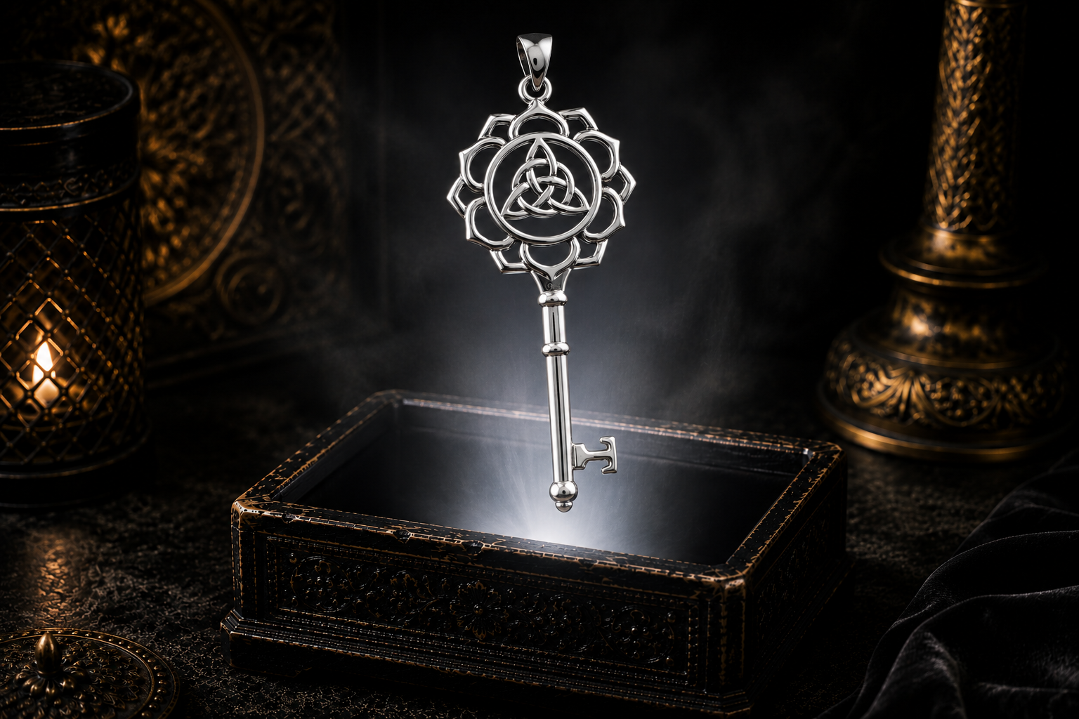 Sterling silver Celtic Triquetra rosette skeleton key pendant featuring an encircled Trinity Knot floating above an ornate jewelry box surrounded by soft luminous light in a dark cinematic luxury setting.