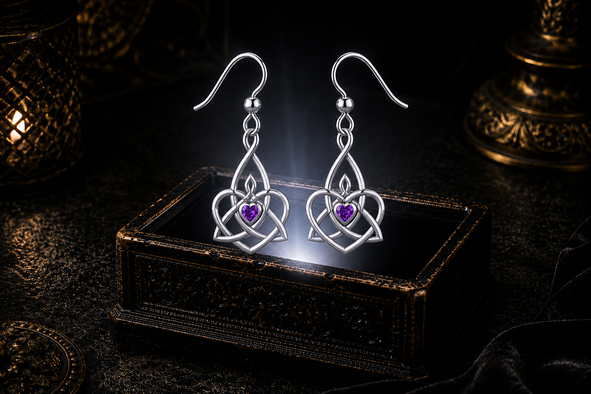 Sterling silver Celtic Triquetra Trinity Knot heart earrings with amethyst heart gemstones floating above a glowing ornate jewelry box in a dark luxurious mystical setting with cinematic lighting