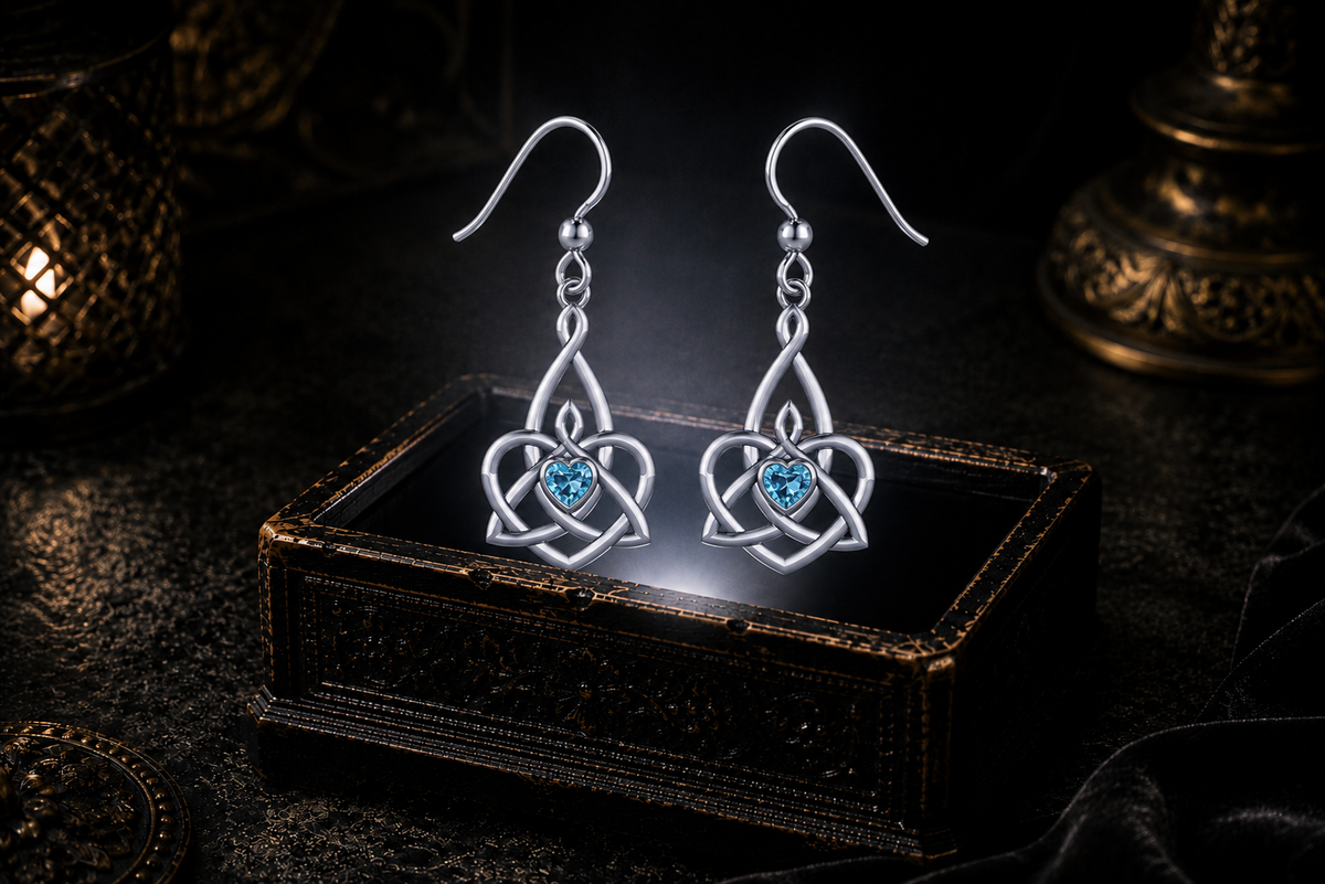 Sterling silver Celtic Triquetra Trinity Knot heart earrings with blue topaz heart gemstones floating above a glowing ornate jewelry box in a dark luxurious mystical setting with cinematic lighting