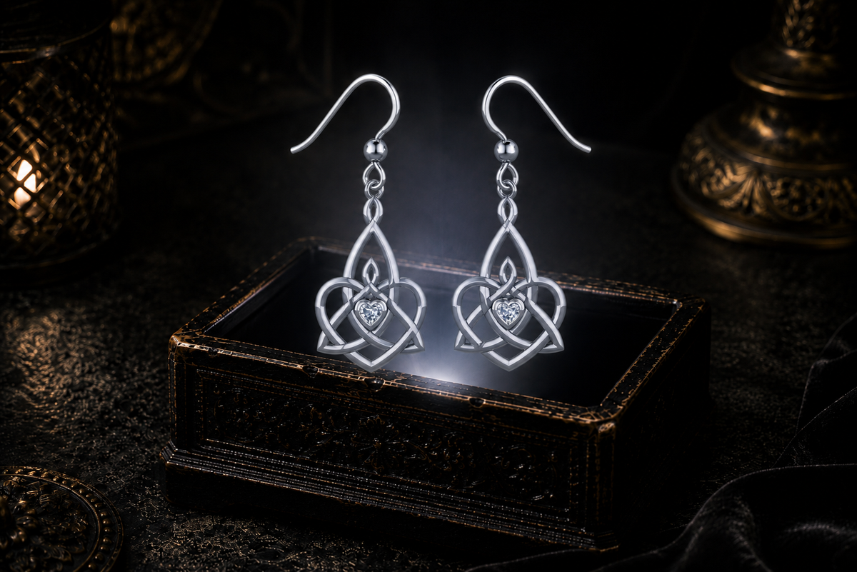 Sterling silver Celtic Triquetra Trinity Knot heart earrings with cubic zirconia heart gemstones floating above a glowing ornate jewelry box in a dark luxurious mystical setting with cinematic lighting